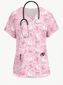 PopScrub Áo thun nữ cổ chữ V tay ngắn in hình hoạt hình chú vịt dễ thương và hoa nơ, kiểu dáng thời trang cho mùa xuân/hè. - trắng - Xem 1