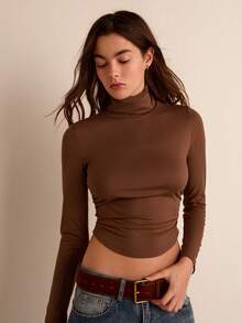 SHEIN EZwear Spring Outfits High Neck Ruched Crop Tee - Coffee Brown - View 2