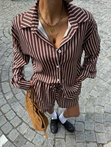 SHEIN Muchic Bộ 2 món quần short dài tay dệt sọc màu cà phê dành cho nữ - màu nâu - Xem 3