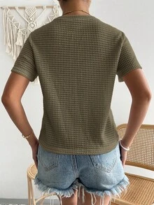 SHEIN Essnce 女士休闲日常通勤简约纯色华夫格短袖T恤，夏季 - 軍綠色 - 查看 2
