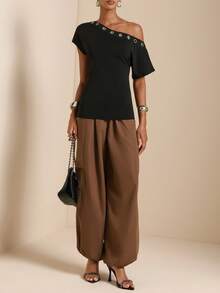 Lyxana Damen-T-Shirt mit asymmetrischem Schulterdekor, einfarbig, Cut-Out - Schwarz - Übersicht 5