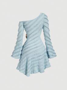 SHEIN MOD 女士纹理不对称肩部长袖短裙 - 淺藍色 - 查看 2