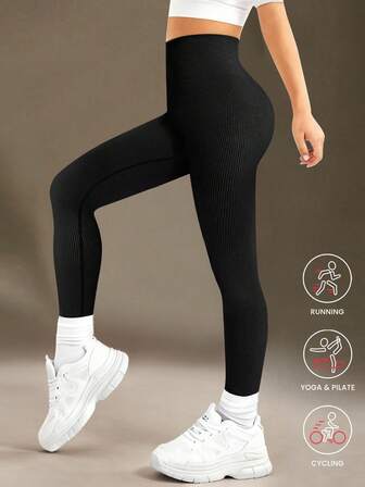 Teen Girls Activewear Black Seamless High Waist Ribbed Leggings, Cloud-Soft Second Skin Feel, 4-Way Stretch, Suitable For Running, Cycling, Yoga, Pickleball And Other Sports & Casual Wear