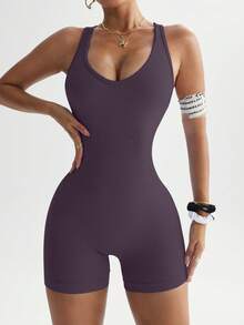 Slayform Mono ajustado sin espalda con estampado de letras para mujer - Púrpura polvoriento - Ver 2