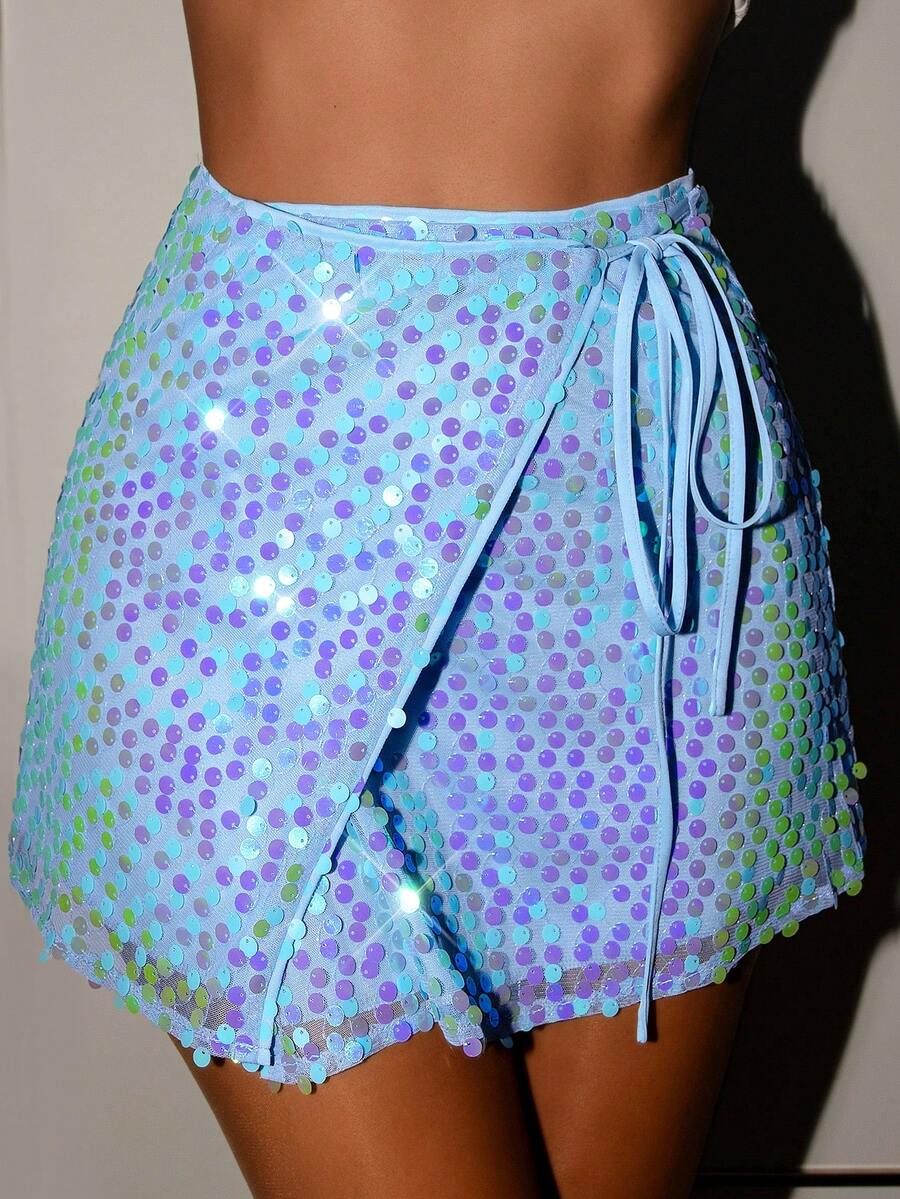 Glamine Y2K Style Y2K Vitamin Colors Vacay Vibes  SummerHoliday Summer Skirts Standout Summer Outfit Spring Newness Soft Orange & Blue Skin Revealing SequinDress PartyMustHave Navy Chicss Marine Style Euro Summer  Beachweekend Rave Skirt Sequin Skirt Iridescent Skirt Wrap Skirt Mini Skirt Jellyfish Skirt Swim Suit Skirt Cover Up Skirts For Swimsuits - Blue - View 1
