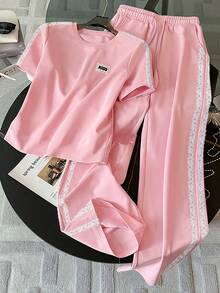 Resyla Lace Trim Crafted Minimalist Round Neck T-Shirt Set, Gift For Friends - Dusty Pink - View 3