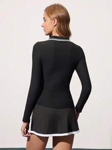 CourtClass 女士撞色条纹印花长袖运动Polo衫 - 黑色 - 查看 2