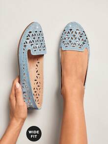SHUZIA Women's Round Toe Laser-Cut Rhinestone Blue Slip-On Loafer Flat–Breathable, Sparkly & Comfortable Valentine's Day - Baby Blue - View 2
