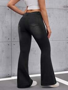 SHEIN ICON 黑色弹力修身休闲喇叭牛仔裤，女士款，四季皆宜 - 黑色 - 查看 2