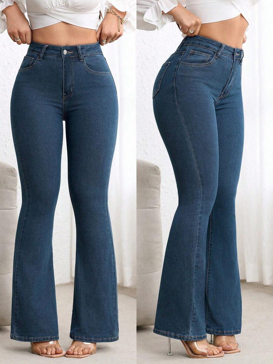 SHEIN Essnce 女士纯色休闲牛仔裤 - 霧霾藍 - 查看 1