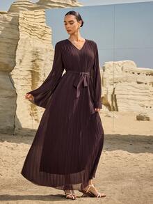 Graceveil 女士纯色V领长袖优雅长裙 - 棕色 - 查看 1