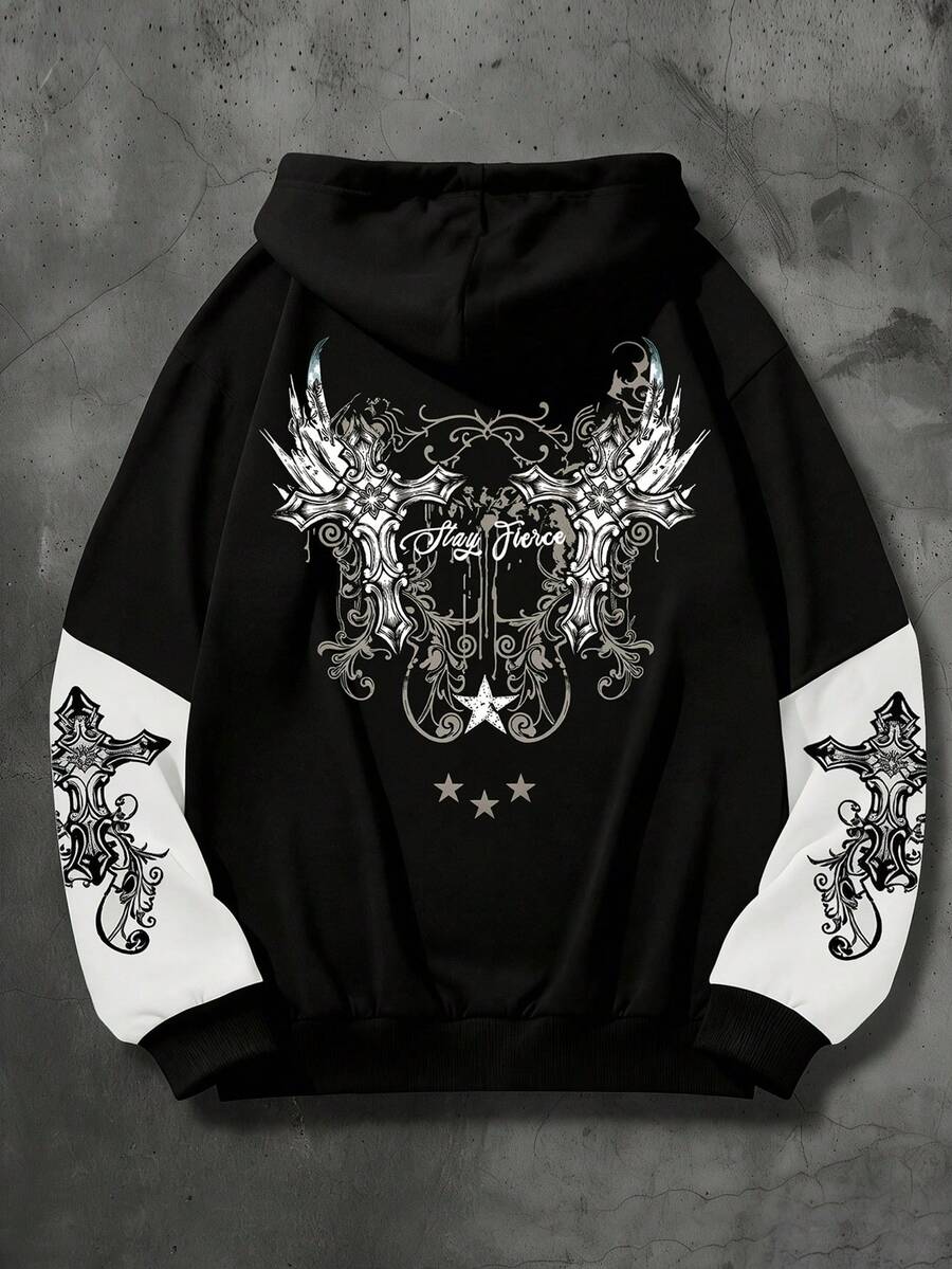 Manfinity Dauomo 男士秋季外套、冬季服装、连帽拉链卫衣、街头服饰、十字印花设计、户外、购物、休闲服饰 - 黑與白 - 查看 1