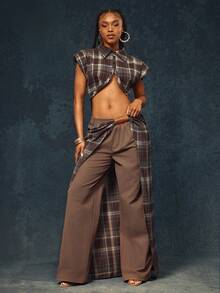 Denimoi 垫肩翻领格子露脐上衣 时尚街头风性感上衣 - 棕色 - 查看 5