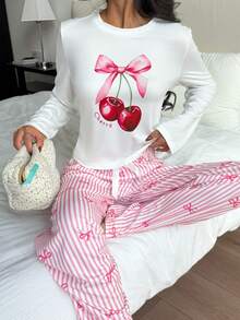ZzzCrew Cherry Stripe & Bow Print Long Sleeve Women Pajama Set - White - View 4