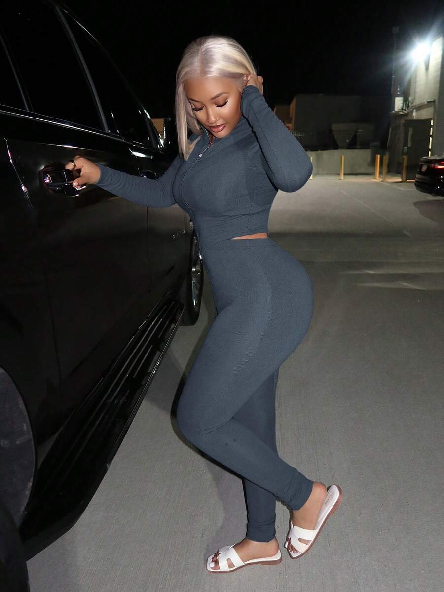 Slaydiva 2025 Autumn New Halloween Birthday Party Banquet College Style Student Daily Casual Cruise Travel Viral Streetwear Sexy Club Y2K Punk Racing Motorcycle Inspired Women 2pcs Set: Long Sleeve Irregular Hem Zipper Jacket + Brown Skinny Pants, Fuzzy Ribbed Fabric, Heather Gray, Autumn/Winter Grey 2 Piece Set Legging Two Piece Set - Multicolor - View 1