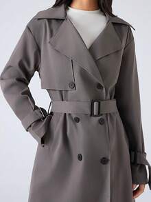 SHEIN EZwear 女士翻领双排扣长袖防皱时尚风衣，秋冬款 - 灰色 - 查看 6