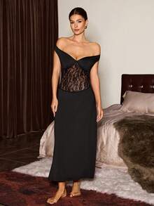 Slumberist Camisón sexy con encaje calado y parches, de un solo hombro y espalda descubierta - Negro - Ver 9