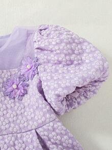 1pc Chiffon Floral Decor Elastic Waist Casual Elegant Princess Party Dress, Summer Lilac Young Girls Lavender For Puffy Sleeve Purple - Pink - View 7