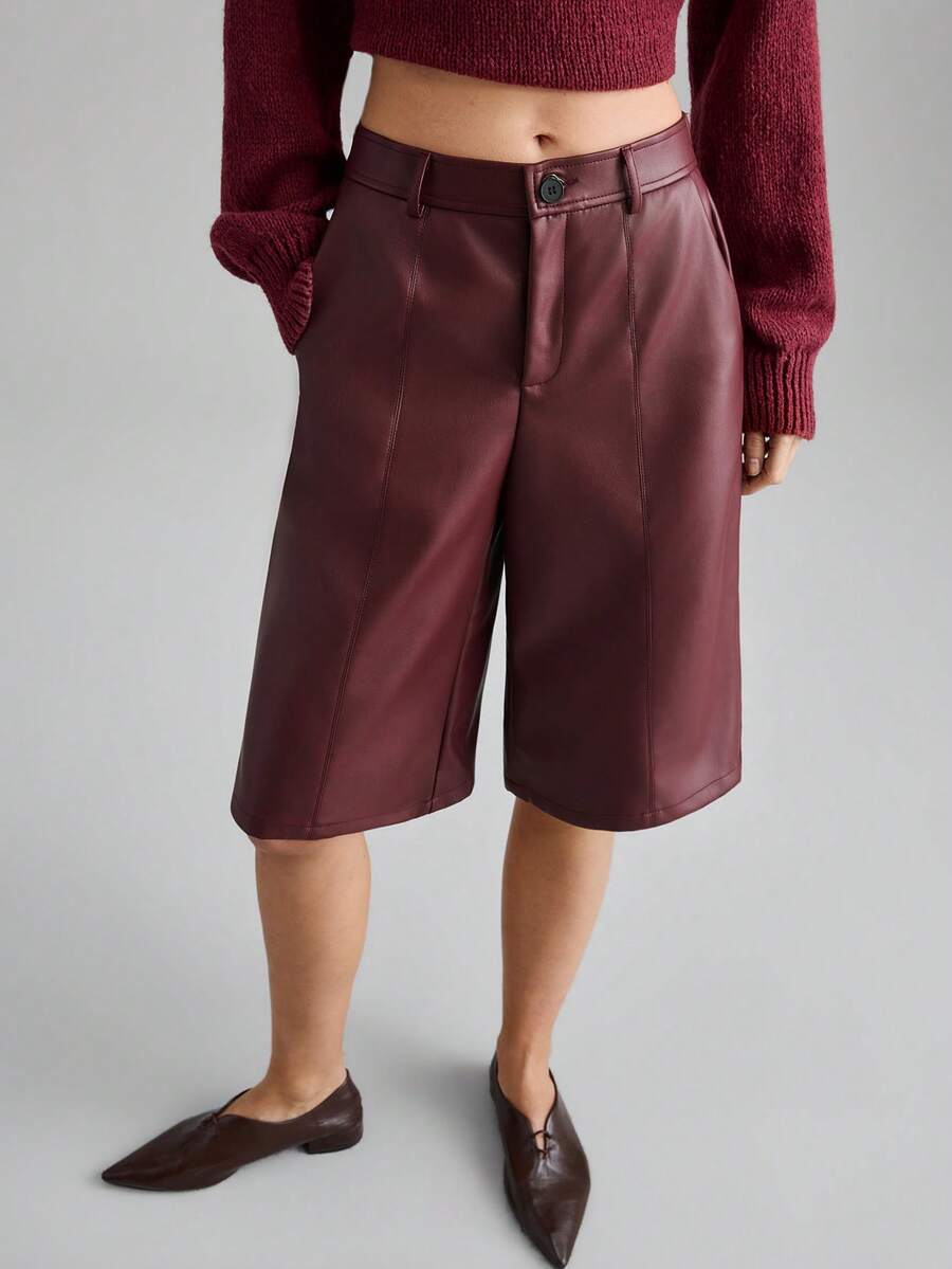 Ontre 2026 Spring/Summer New Women's PU Material Splicing Wide Leg 3/4 Pants, Urban Commute Business Casual Pants, Women's Office Elegant Outfit - Burgundy - View 1