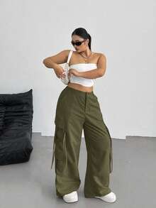 SHEIN Tall CURVE 大码女式纯色纽扣工装休闲阔腿裤，日常百搭 - 軍綠色 - 查看 3