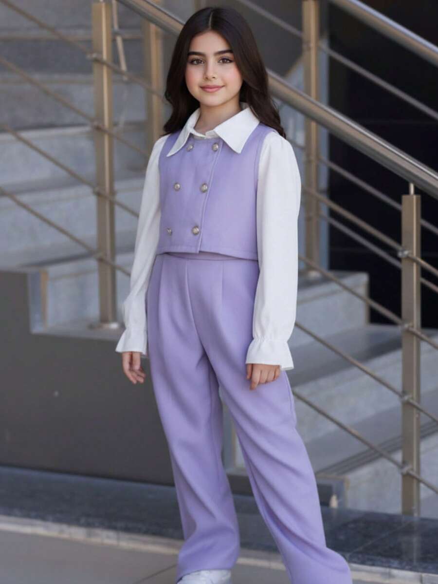 SHEIN Ensemble 2 en 1 pour filles préadolescentes, style décontracté pour l'école, avec chemise à col et manches à volants, et pantalon droit. Tenue de rentrée scolaire - Prune - Voir 1