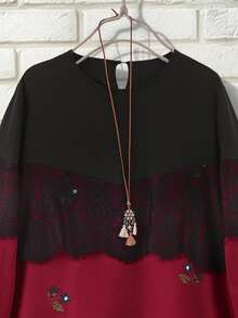 SHEIN Franclia Đầm dài thanh lịch cổ tròn thêu ren phối nhiều mảnh dành cho nữ - Đỏ - Xem 3