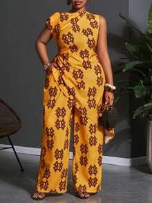 Veslaya Conjunto de top corto con hombros asimétricos y pantalones de pierna ancha con estampado floral amarillo, estilo de festival de música, Pascua, occidental y nómada, adecuado para fiesta de cumpleaños, casual, vacaciones, crucero, playa, fiesta elegante y uso diario, talla grande, primavera temprana 2026 - Multicolor - Ver 9