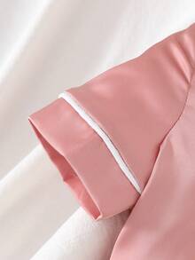 两件套可爱女婴休闲简约短袖衬衫和长裤套装，翻领设计，法式优雅淑女风，返校季，时尚街头风，母女亲子装 - 粉色 - 查看 8