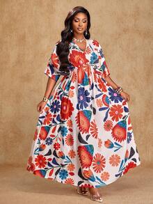 Brilight Vestido de mujer con estampado floral digital, volantes y mangas de murciélago, para vacaciones de verano y viajes casuales, conjunto de playa - Multicolor - Ver 5