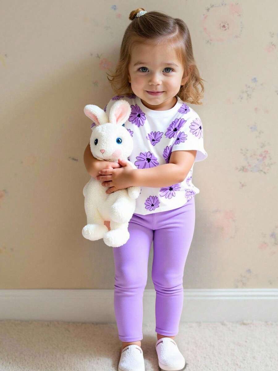 SHEIN Playful Pals 两件套休闲时尚春夏女童T恤和打底裤套装，花卉印花设计，适合上学、户外活动、聚会、送礼。 - 彩色 - 查看 1