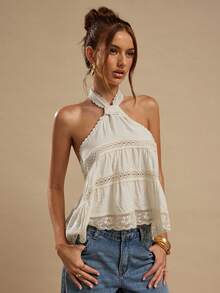 SHEIN BAE 杏色蕾丝拼接露背吊带上衣，女士夏季度假沙滩装 - 杏色 - 查看 5