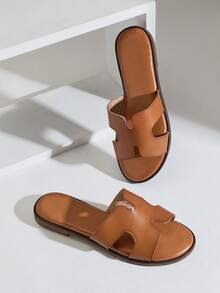 SHUZIA Women's Minimalist Casual Comfy Cut-Out Flat Sandals - Beige - View 1