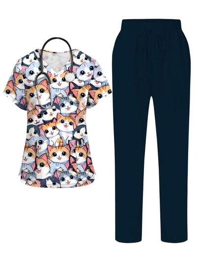PopScrub Cute Cat Cartoon Print Women's V-Neck Short Sleeve Pocket Scrub Top & Split Hem Pants Uniform Set, Spring/Summer