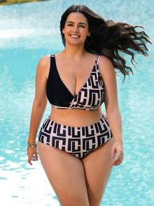 Swim Lushoire Plus Size Women Asymmetric Design Plaid Print Beach Vacation Style Swimsuit 2 Pieces Set, Elegant Contrast Color Swimwear For Holiday - Black - View 4