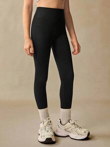 Teen Girls Activewear Black Seamless High Waist Ribbed Leggings, Cloud-Soft Second Skin Feel, 4-Way Stretch, Suitable For Running, Cycling, Yoga, Pickleball And Other Sports & Casual Wear