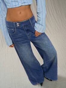TRNVIE Y2K Fashion Casual Wide Waistband Low Waist Flare Leg Jeans - Medium Wash - View 5