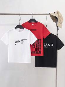 SHEIN Conjunto de 3 camisetas infantis masculinas, casuais e confortáveis, com estampa, modelagem solta, gola redonda e manga curta. 3 estilos diferentes, ideais para festas de aniversário, eventos noturnos, apresentações, casamentos, batizados, cerimônias de abertura, uso diário, escola, viagens e esportes na primavera e no verão. Conjunto de camisetas com inspiração coreana. - Multicolorido - Ver 1