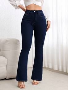 SHEIN Essnce Women's Casual Commuting Washed Bell-Bottom Jeans - Royal Blue - View 5