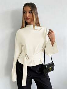 Aloruh Women's Solid Color Metal Detail Flare Sleeve Shirt, Suitable For Daily Business Commute - Beige - View 4