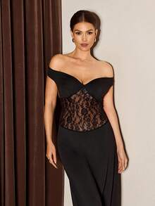 Slumberist Camisón sexy con encaje calado y parches, de un solo hombro y espalda descubierta - Negro - Ver 8