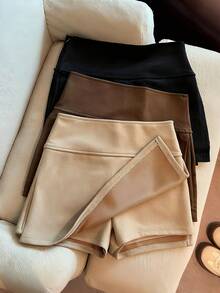 SHEIN PETITE 时尚新款绒面高腰修身A字开衩短裙，女士春秋季 - 卡其色 - 查看 4