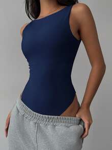SHEIN BASICS Women's Casual Solid Color Backless Bodysuit Summer Clothes - Royal Blue - View 5
