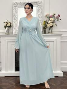 Yasmyna Conservative & Elegant 3D Floral Women Arabic Style Dress  Dusty Blue Dress Baby Blue Elegant Dress Butterfly Dress Light Blue Long Dress - Green - View 5