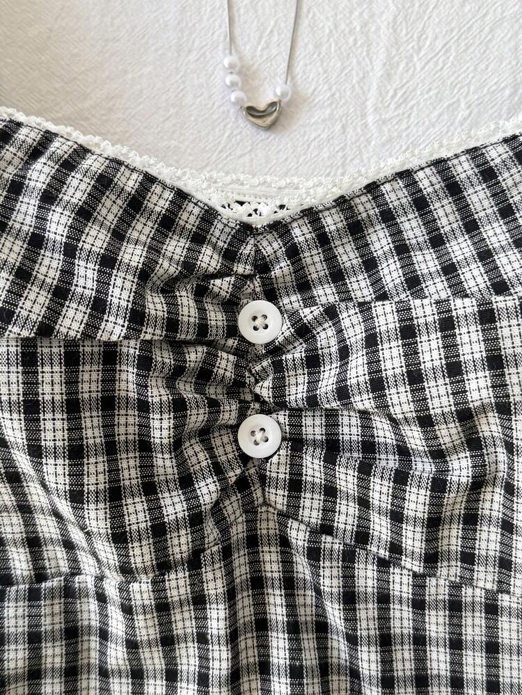 SHEIN Tween Girl Spring/Summer Casual Minimalist Comfortable Backless Plaid Shirt, Vintage Lace Trim Patchwork Black & White Plaid Blouse - Black and White - View 5