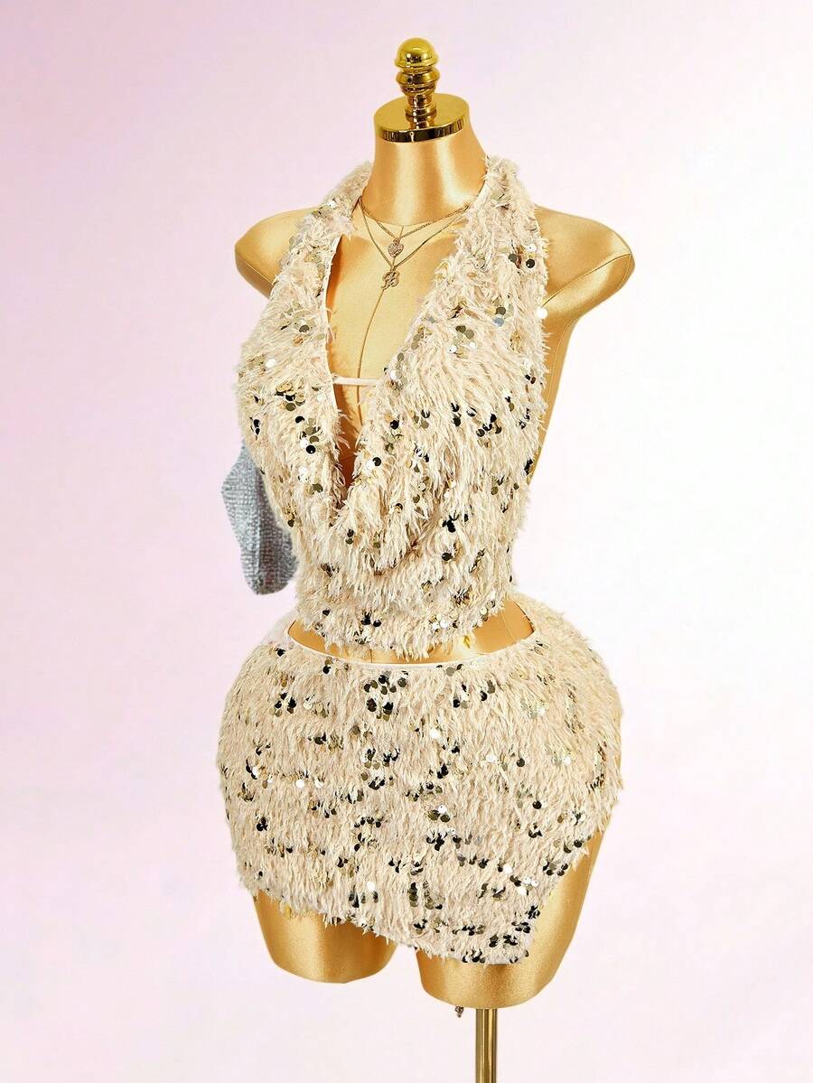 Mistrie 2pcs Women Sequin Sexy Party Crop Top And High Slit Mini Skirt Set , Sequin;Sequin Skirt  Sequin Dress , Sparkly Dress, Shiny Dress, Sequin Dress For Women , Glitter Dress , Sequin , Sequin Skirt Women,