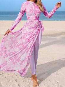 Swim Mulvari Spring/Summer Women's New Pink Floral Print 4-Piece Set: One-Piece Swimsuit With Sheer Skirt, Long Sleeve Top, And Slim Fit Pants, Modest Yet Fashionable Vacation Burkini Long Beach Dress Resort Wear Women Pink Floral Maxi Dress Long Sleeve Maxi Dresses Orchid Dress - Pink - View 3