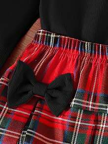 2pcs/Set Baby Girls' Ruffle Shoulder Design Red Long Sleeve Top And Bow Decor Plaid Skirt Set, Cute & Fashionable Casual School Style For Autumn/Winter - Black - View 6