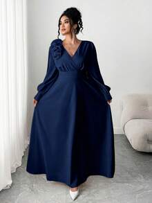 Elenzga Plus Size Women's Elegant Romantic Vacation 3D Pleated Floral V-Neck Long Sleeve Cinched Waist Dress, Cream Yellow