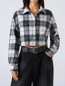 SHEIN EZwear 女士春秋落肩长袖方形短款格子衬衫 - 黑與白 - 查看 3