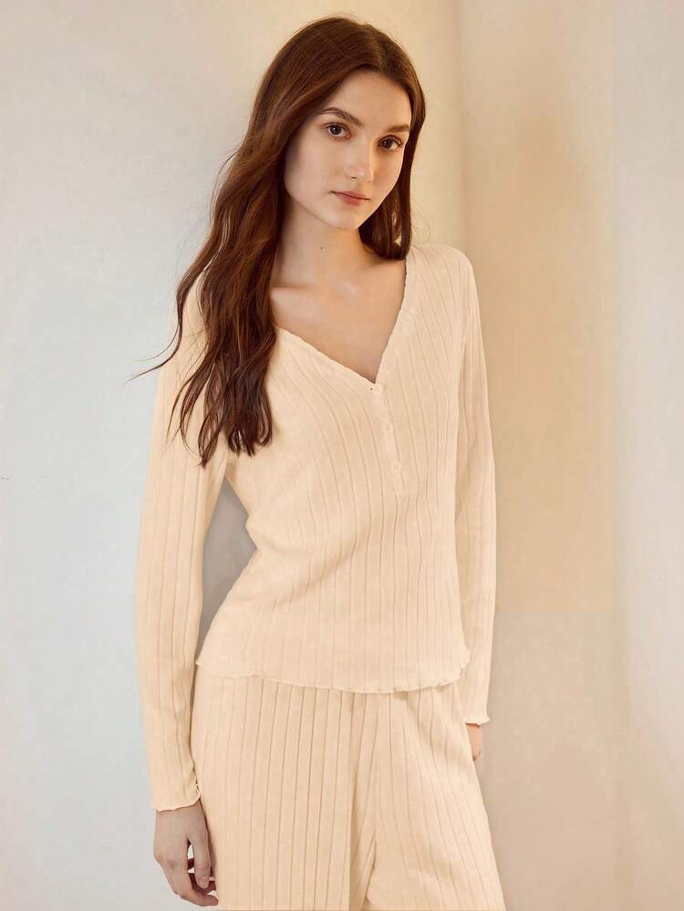 WOMEN'S COMFORTABLE RIBBED LONG SLEEVE TOP AND PANTS PAJAMA SET